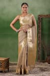 Shop_Geroo Jaipur_Beige Tissue Zari Border Floral Saree With Unstitched Blouse Piece _Online_at_Aza_Fashions