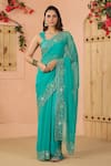 Geroo Jaipur_Green Chiffon Embroidery Flower Border Saree With Unstitched Blouse Piece _Online_at_Aza_Fashions