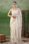 Buy_Geroo Jaipur_White Chiffon Embroidery Floral Hand Saree With Unstitched Blouse Piece _at_Aza_Fashions