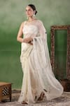 Geroo Jaipur_White Chiffon Embroidery Floral Hand Saree With Unstitched Blouse Piece _Online_at_Aza_Fashions