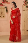 Geroo Jaipur_Red Chiffon Embroidery Mukaish Jaal Saree And Unstitched Blouse Piece Set _Online