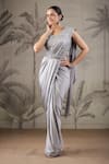 Buy_Geroo Jaipur_Grey Satin Embroidery Floral V Neck Pre-stitched Saree And Blouse Set _at_Aza_Fashions