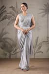 Geroo Jaipur_Grey Satin Embroidery Floral V Neck Pre-stitched Saree And Blouse Set _Online_at_Aza_Fashions