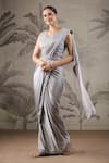 Geroo Jaipur_Grey Satin Embroidery Floral V Neck Pre-stitched Saree And Blouse Set _at_Aza_Fashions