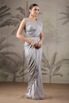 Buy_Geroo Jaipur_Grey Satin Embroidery Floral V Neck Pre-stitched Saree And Blouse Set 