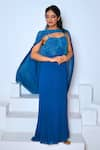 Vedika Soni_Blue Georgette Hand Embroidered Crystals Sweetheart Dress With Cape _Online_at_Aza_Fashions