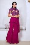 Buy_Vedika Soni_Wine Georgette Hand Embroidered Cutdana Asymmetric Peplum Kurta Sharara Set _Online_at_Aza_Fashions