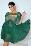 Vedika Soni_Emerald Green Georgette Hand Embroidered Cutdana Tube Pleated Dress With Cape _Online_at_Aza_Fashions