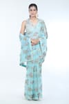 Buy_Bhumika Sharma_Blue Organza Printed Sylvia Floral V Neck Saree With Blouse _Online_at_Aza_Fashions