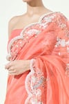 Anamika Khanna_Coral Organza Pearl Scalloped Border Saree With Unstitched Blouse Piece _Online_at_Aza_Fashions