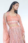 Aisha Rao_Peach Chiffon Printed Zari Stripes Square Work Lehenga Set _at_Aza_Fashions