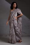 Buy_SHIKHA MALIK_Grey Silk Chanderi Hand Block Print Chevron Ikagai Saree _at_Aza_Fashions