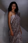 SHIKHA MALIK_Grey Silk Chanderi Hand Block Print Chevron Ikagai Saree _Online_at_Aza_Fashions