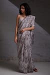 SHIKHA MALIK_Grey Silk Chanderi Hand Block Print Chevron Ikagai Saree _at_Aza_Fashions