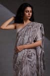 Buy_SHIKHA MALIK_Grey Silk Chanderi Hand Block Print Chevron Ikagai Saree 