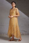 Buy_SHIKHA MALIK_Yellow Silk Chanderi Hand Block Print Strip Round Dhoop Chaoo Dress 