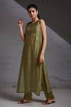 Buy_SHIKHA MALIK_Green Silk Chanderi Hand Block Print Round Side Tie-up Kurta Pant Set _Online_at_Aza_Fashions