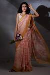 Buy_SHIKHA MALIK_Peach Silk Chanderi Hand Block Print Geometric Floral Saree _at_Aza_Fashions