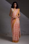 Shop_SHIKHA MALIK_Peach Silk Chanderi Hand Block Print Geometric Floral Saree _at_Aza_Fashions