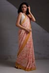 Buy_SHIKHA MALIK_Peach Silk Chanderi Hand Block Print Geometric Floral Saree _Online_at_Aza_Fashions