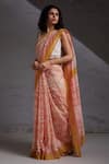 Shop_SHIKHA MALIK_Peach Silk Chanderi Hand Block Print Geometric Floral Saree _Online_at_Aza_Fashions