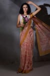 Buy_SHIKHA MALIK_Peach Silk Chanderi Hand Block Print Geometric Floral Saree 