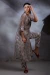 SHIKHA MALIK_Grey Silk Chanderi Hand Block Print Chevron Kurta And Inner Viraya Pant Set _Online_at_Aza_Fashions