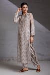 Shop_SHIKHA MALIK_Grey Silk Chanderi Hand Block Print Chevron Kurta And Inner Viraya Pant Set _Online_at_Aza_Fashions