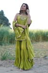 Buy_Mona and Vishu_Green Kurta Dupion Silk Hand Embroidered Floral Scoop Sharara Set _at_Aza_Fashions