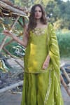 Mona and Vishu_Green Kurta Dupion Silk Hand Embroidered Floral Scoop Sharara Set _Online_at_Aza_Fashions