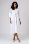 Doodlage_White Upcycled Cotton Slub Plain Round Side Pocketed Dress _at_Aza_Fashions