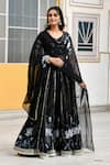 Buy_SUTI KAPDA_Black Saatan Silk Print Lotus Bloom Paan Neck Lehenga Set _Online_at_Aza_Fashions