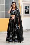 Shop_SUTI KAPDA_Black Saatan Silk Print Lotus Bloom Paan Neck Lehenga Set _Online_at_Aza_Fashions