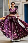 SUTI KAPDA_Purple Saatan Silk Print Lotus Bloom Paan Neck Floral Lehenga And Blouse Set _at_Aza_Fashions