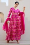 Shop_SUTI KAPDA_Pink Banarasi Silk Bandhej V Neck Pattern Anarkali With Dupatta _Online_at_Aza_Fashions