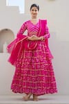 Shop_SUTI KAPDA_Pink Banarasi Silk Bandhej V Neck Pattern Anarkali With Dupatta _at_Aza_Fashions