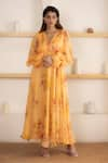 Buy_SUTI KAPDA_Peach Chiffon Printed Floral V Neck Gown _at_Aza_Fashions