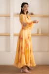 Shop_SUTI KAPDA_Peach Chiffon Printed Floral V Neck Gown _Online_at_Aza_Fashions