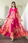 Buy_SUTI KAPDA_Peach Chiffon V Neck Tie-dye Effect Tiered Gown _Online_at_Aza_Fashions