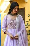 Suti Kapda_Purple Taffeta Zari, Gota Patti V-neck Woven Thread Anarkali With Dupatta_Online_at_Aza_Fashions