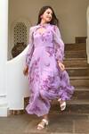 Shop_SUTI KAPDA_Purple Chiffon Printed Floral Mandarin Collar Flared Gown _at_Aza_Fashions