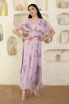 Buy_SUTI KAPDA_Purple Chiffon Printed Floral V Neck Draped Yoke Gown _at_Aza_Fashions