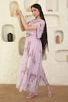 Buy_SUTI KAPDA_Purple Chiffon Printed Floral V Neck Draped Yoke Gown _Online_at_Aza_Fashions