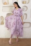 Buy_SUTI KAPDA_Purple Chiffon Printed Floral V Neck Draped Yoke Gown 