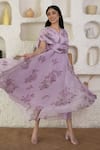 Shop_SUTI KAPDA_Purple Chiffon Printed Floral V Neck Draped Yoke Gown 