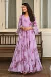 Buy_SUTI KAPDA_Purple Chiffon Printed Floral V Neck Tiered Hem Gown _at_Aza_Fashions