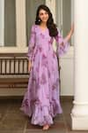 SUTI KAPDA_Purple Chiffon Printed Floral V Neck Tiered Hem Gown _Online_at_Aza_Fashions