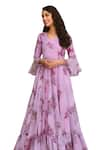 Buy_SUTI KAPDA_Purple Chiffon Printed Floral V Neck Tiered Hem Gown _Online_at_Aza_Fashions