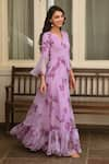 Shop_SUTI KAPDA_Purple Chiffon Printed Floral V Neck Tiered Hem Gown _Online_at_Aza_Fashions