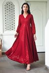 Buy_SUTI KAPDA_Maroon Rayon Embroidered Thread V Neck Chikankari Gown _at_Aza_Fashions